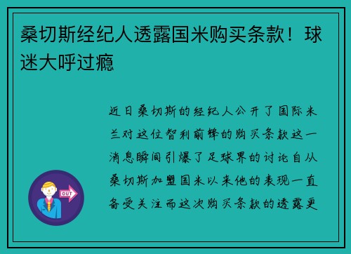 桑切斯经纪人透露国米购买条款！球迷大呼过瘾